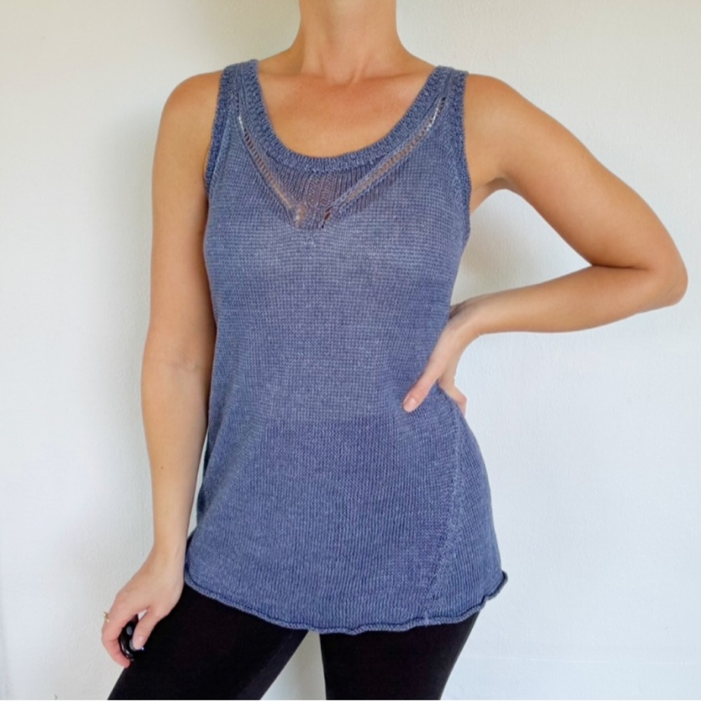 Poetry slate blue linen blend crochet knit sleeveless sweater top size medium